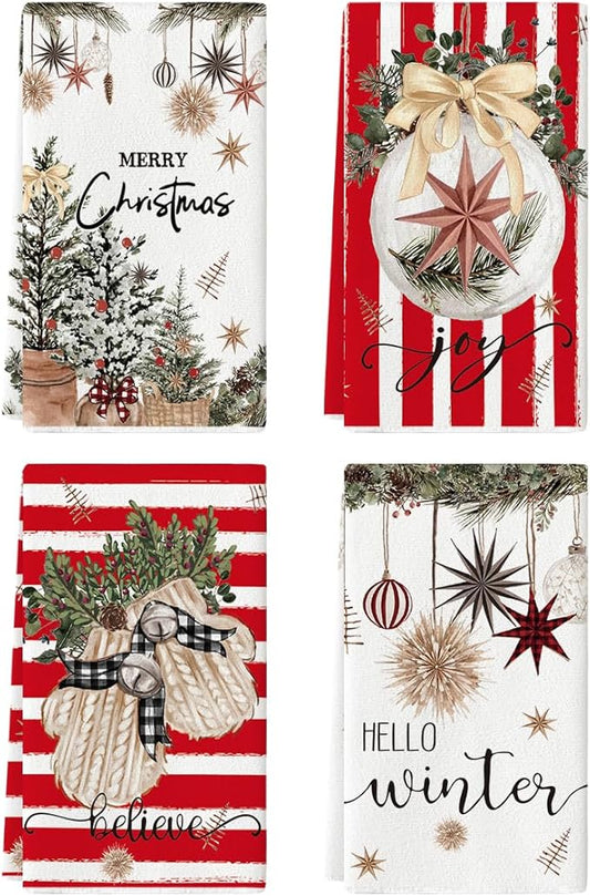 Artoid Mode Red Xmas Tree Merry Christmas Kitchen Towels Dish Towels, 18x26 Inch Holiday Gloves Ball Hello Winter Decoration Hand Towels Set of 4