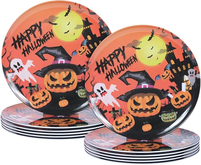 10-Inch Halloween Melamine Dinner Plates, 12-Piece Dishes Set, Lightweight & Stackable for Holidays& Decor‌ Party plates, Ideal for Salad,Dessert,Fruit and Cakes-Halloween Pattern