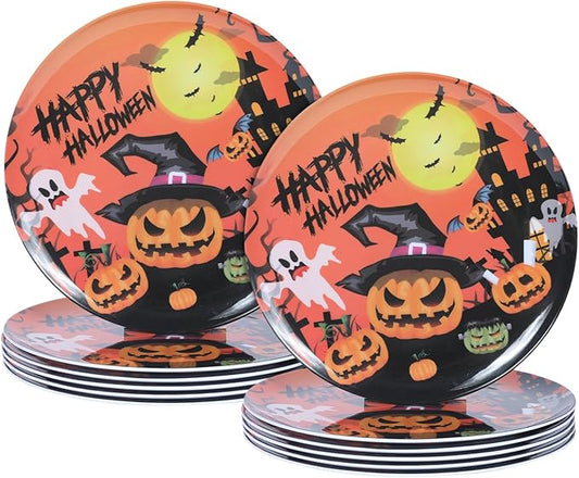 10-Inch Halloween Melamine Dinner Plates, 12-Piece Dishes Set, Lightweight & Stackable for Holidays& Decor‌ Party plates, Ideal for Salad,Dessert,Fruit and Cakes-Halloween Pattern