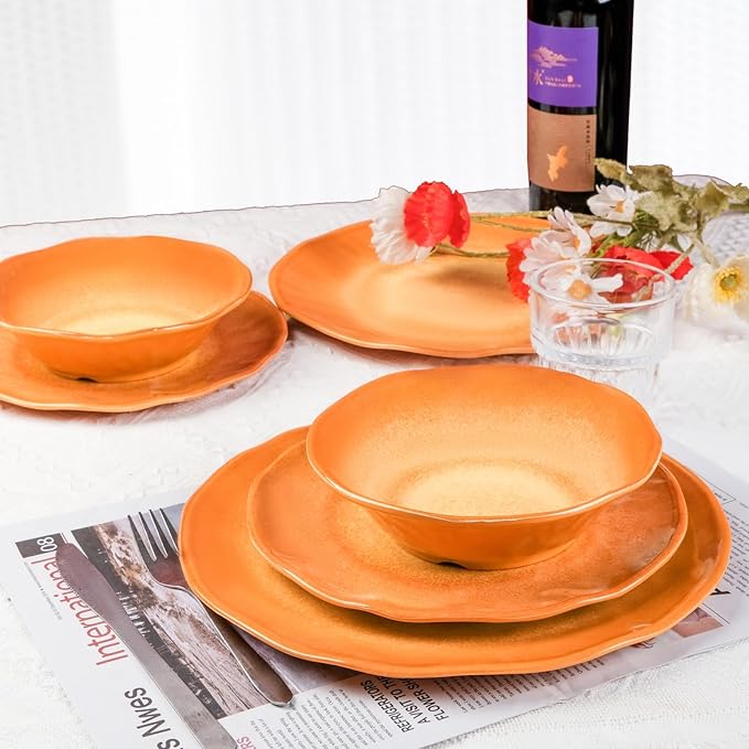 Missyip Melamine Dinnerware Set, Indoor and Outdoor Use Plates and Bowls Sets, Durable 12 Pcs Dishes Sets for 4, BPA Free Dishwasher Safe Not Microwave Not Oven