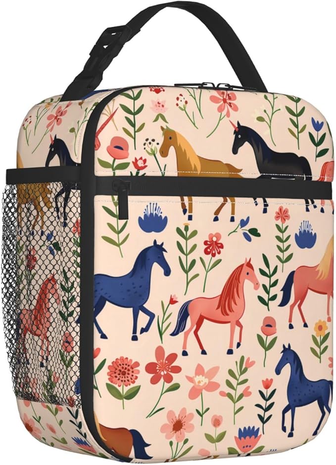 Reusable Horse Lunch Box for Kids Girls Boys Women Adult, Insulated Wild Floral Lunch Bag,Polyester Cooler Handbags Case for School Picnic Work Travel Beach or Hiking (Pastel)