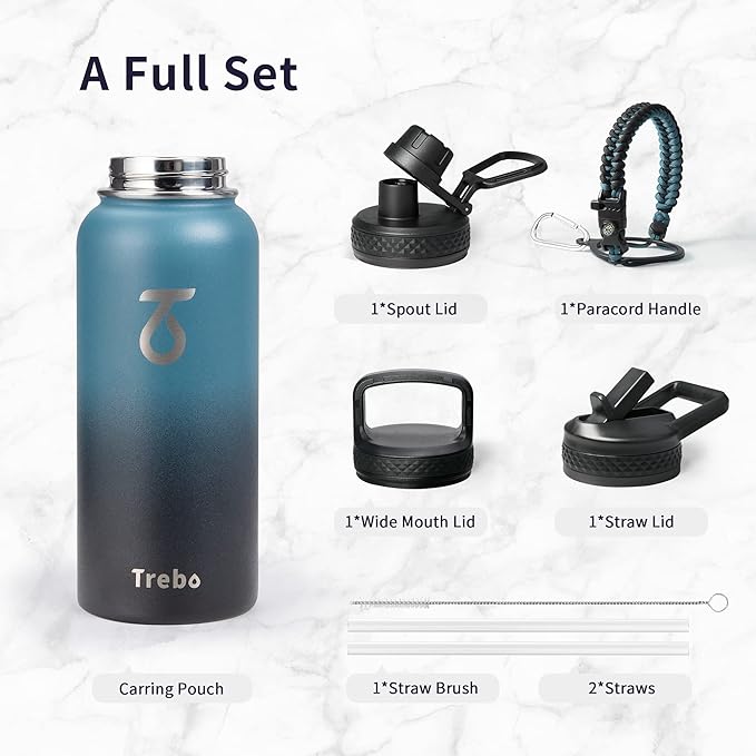 Trebo 32oz Water Bottle Insulated with Lid and Straw,Double Wall Vacuum Stainless Steel Metal Tumbler Sports Flask with Paracord Handle, Keep Cold 48 Hours Water Cup with 3 Lids, Indigo/Black