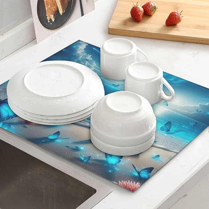 Blue Butterfly Beach Dish Drying Mat 16x18 Inch, Microfiber Absorbent Fast Dry Mat Large Dish Mat Drying Kitchen Mat, Kitchen Drying Pad for Kitchen Counter Coffee Bar Decor Gifts