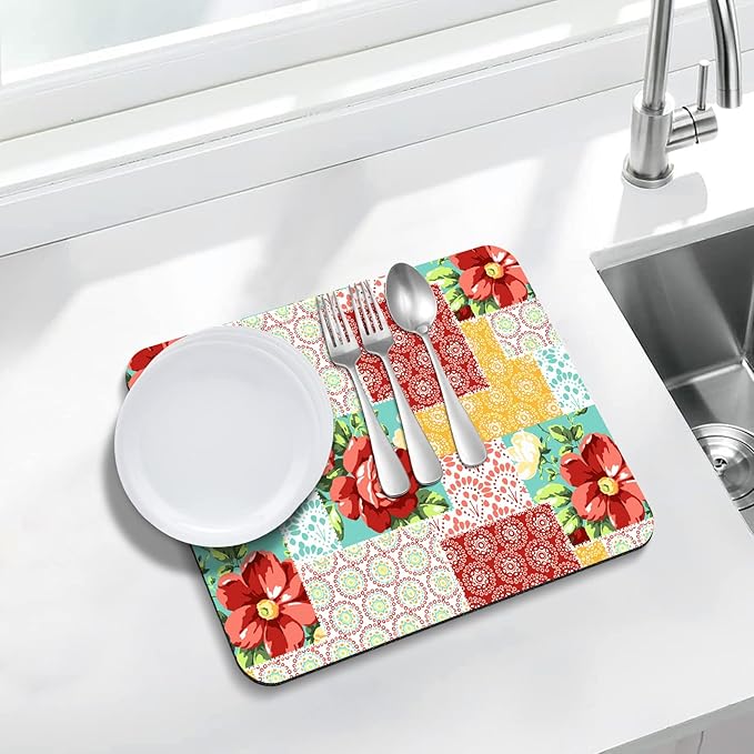 Rubber Dish Drying Mat for Kitchen Counter Large Boho Flowers Washable Quick Home Coffee Pad Fit Under Sink,Bar,Utensils 16x18in