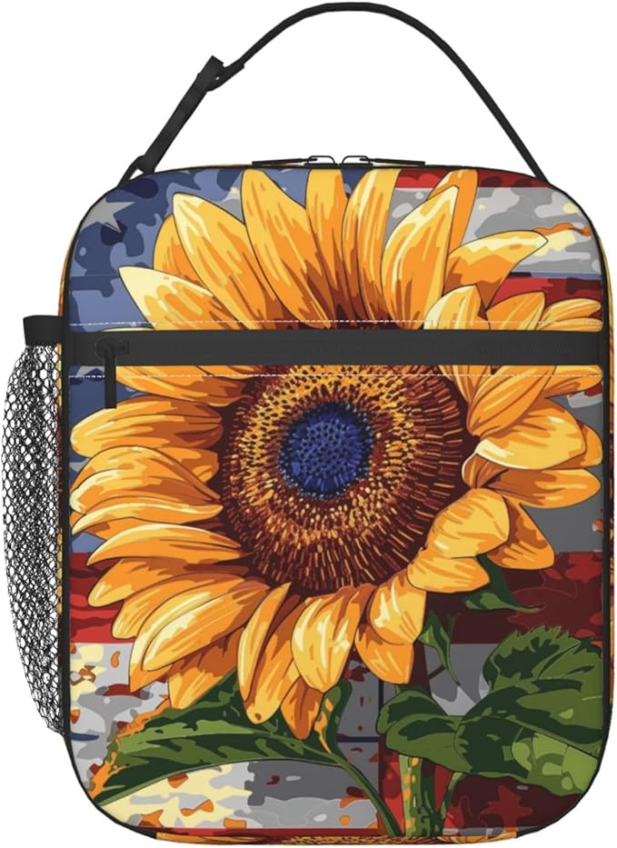 Sunflower Lunch Box for Kids Aldults, Patriotic Floral Reusable Thermal Insulation Cooler Tote Bags, American Flag Rustic Bloom Insulated Bag for Student, School Picnic Camping Travel, Gifts
