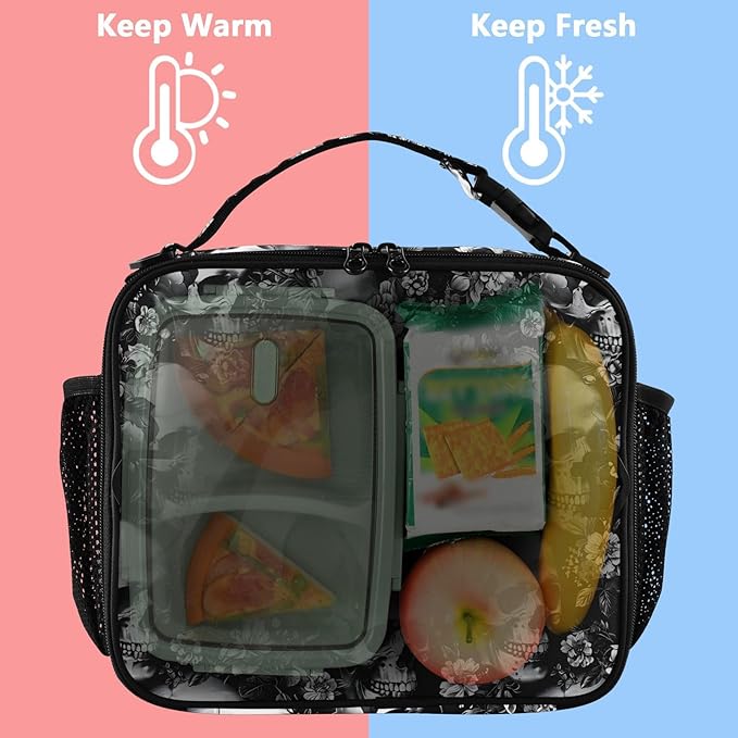 Skull Lunch Bag for Women Men Insulated Reusable Lunch Box with Adjustable Shoulder Strap Cooler Tote Bag for School Outdoor Picnic