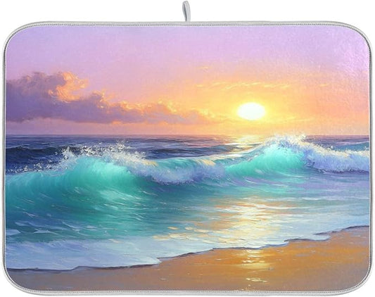 Sun Shines Waves Purple Sky Dish Drying Mat for Kitchen Counter Super Absorbent Dishes Pad Reversible Microfiber Protector Dish Draining Mats 18x24 inch