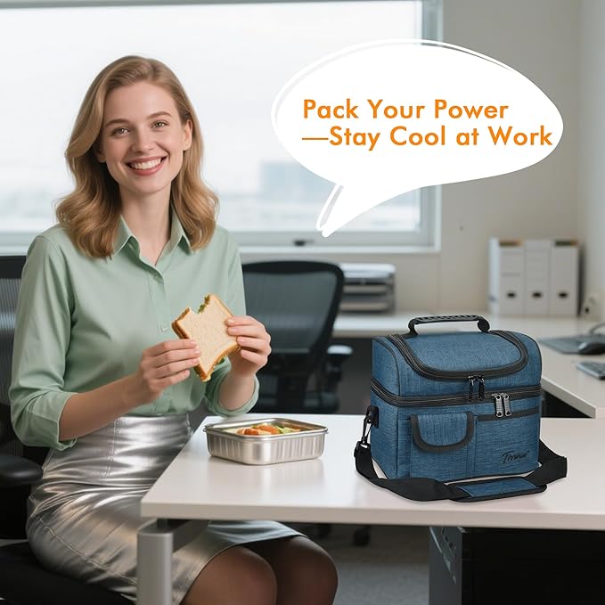 Tirrinia Reusable Lunch Box for Men Women, Insulated Lunch Bag Adult Work, Double Decker Leakproof Lunchbox for Office Picnic Beach—Dual Compartment Lunch Cooler Bag,Dark Blue