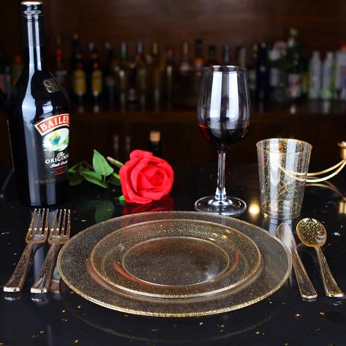 WELLIFE 175 Pieces Gold Glitter Plastic Plates with Silverware and Cups, Includes: 50 Plates, 50 Forks, 25 Knives,25 Spoons and 25 Cups for Party