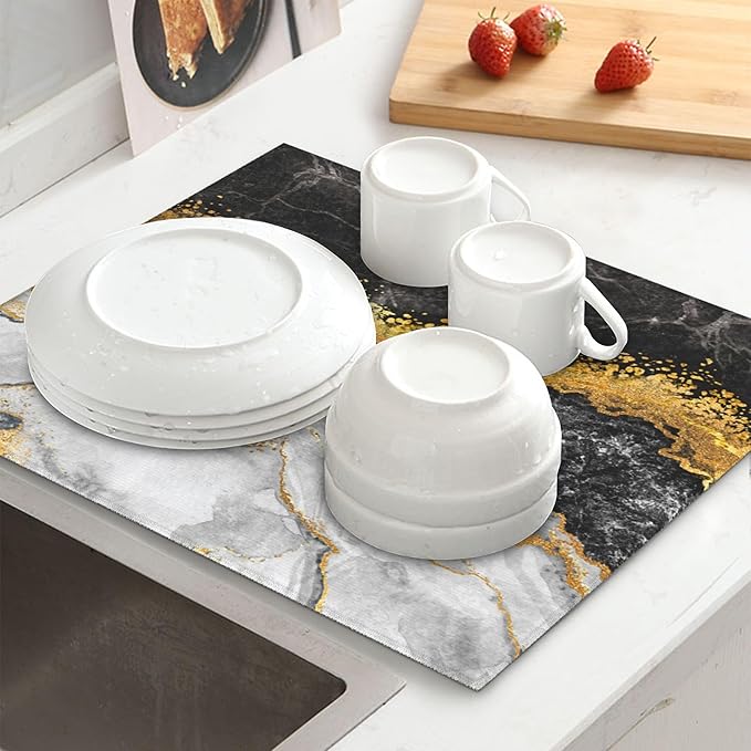 Black Gold Marble Dish Drying Mat for Kitchen Counter Gold and Black Grey Dish Drainer Rack Mats 16x18 Inches Absorbent Reversible Cute Drying Pad