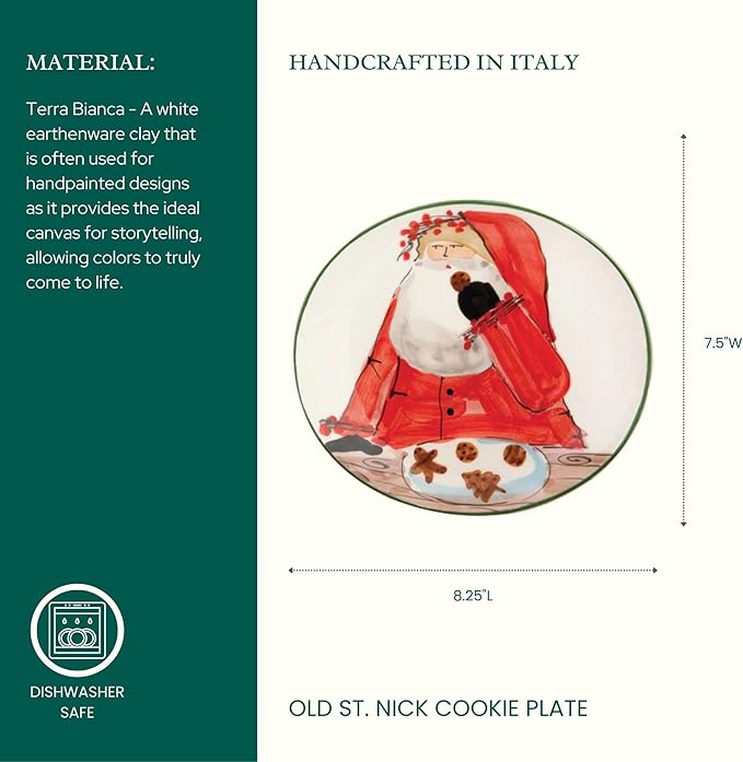 Vietri Old St. Nick Cookie Plate, 8.25"L Handmade Snack/Dessert/Appetizer Dish
