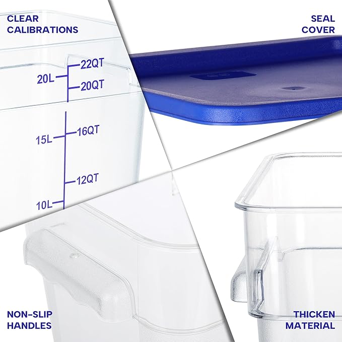 4 Pack Food Storage Containers, 22 Quart with Lids, Square Commercial Containers with Scale, NSF, Polycarbonate, Clear