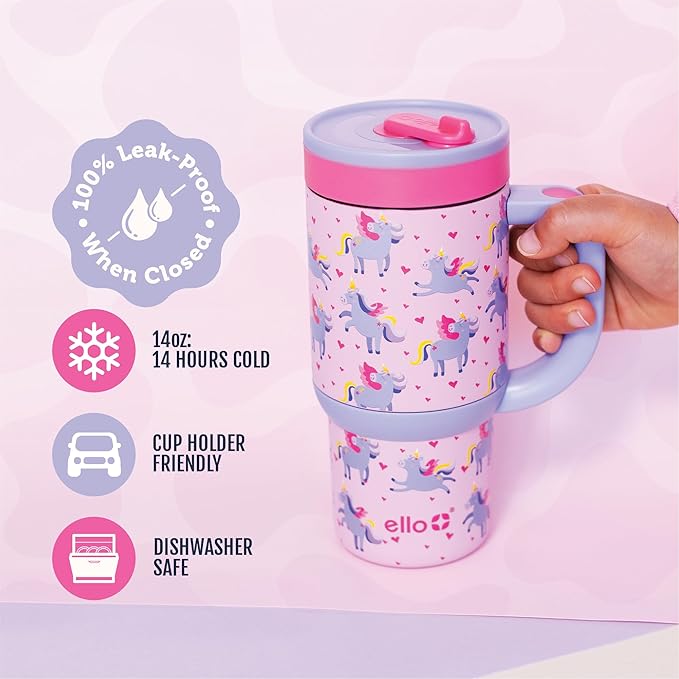 Ello Oasis 14oz Stainless Steel Toddler Tumbler with Handle & Retracting Straw, 100% Leakproof, Double-Wall Vacuum Insulated, Kids Water Bottle for School, BPA Free, Dishwasher Safe, Unicorns