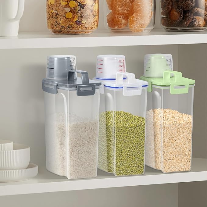 TBMax Rice Container 2 Pack 5 Lbs, Plastic Kitchen Pantry Food Storage Container with Easy pouring Spout and Cup, Small Pet Dog Cat Food Dispenser -Dark Grey