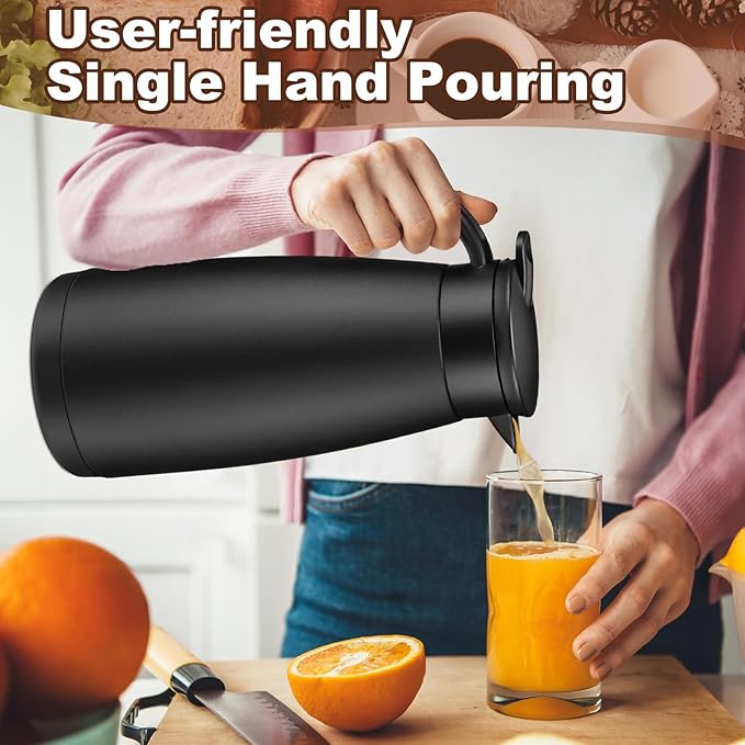 Uiifan 2 Pcs Thermal Coffee Carafe Insulated Stainless Steel Coffee Carafes for Keeping Hot and Cold Double Walled Vacuum Thermal Pot Flask with Brush for Water Milk Tea Home and Office(Black,51oz)