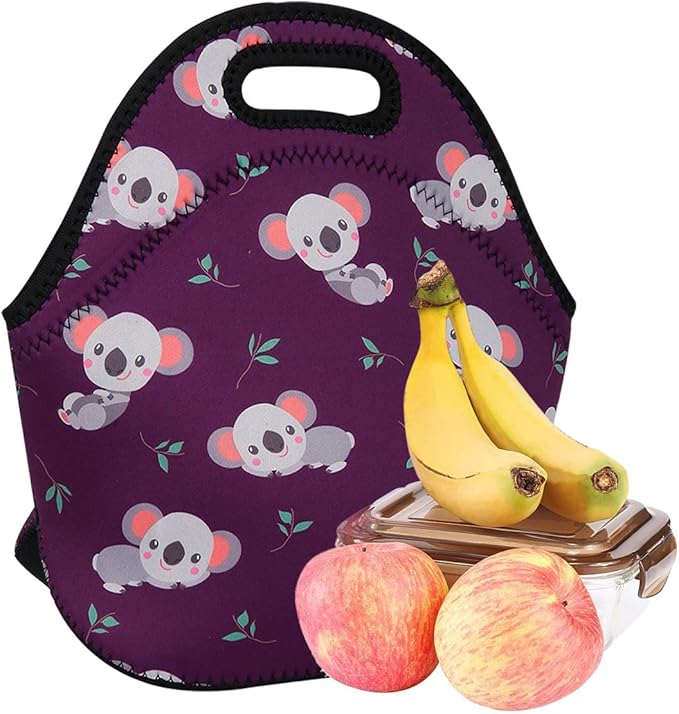 Violet Mist Womens Cute Reusable Neoprene Lunch Bag Insulated Lunch Box Koala Animal Cartoon Thermal lunch bags Bag Waterproof Food Handbags Koala Meal Prep Travel Work Gifts for Women Men Lady Adult