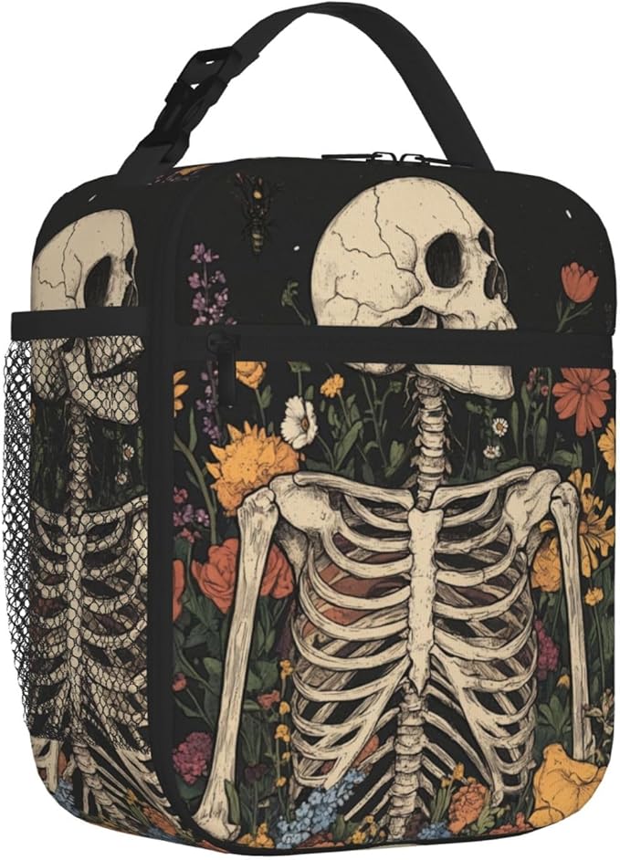 SUPLUCHOM Lunch Bag Skeleton Flower Skull Vintage Insulated Box Reusable with Side Pocket for Girl Boy Women Men Work School Picnic Hiking Daytrip Over 3 Years Old