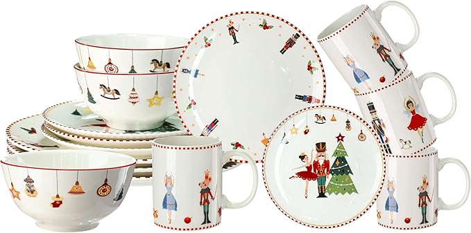 16 Pcs Nutcracker Christmas Dishes Dinnerware Set for 4 Guest Nutcracker Dinner Plates Ceramic Christmas Salad Plate Holiday Bowl Mug Serving Dishes Gift for Xmas Holiday Party Kitchen Decoration