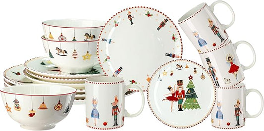 16 Pcs Nutcracker Christmas Dishes Dinnerware Set for 4 Guest Nutcracker Dinner Plates Ceramic Christmas Salad Plate Holiday Bowl Mug Serving Dishes Gift for Xmas Holiday Party Kitchen Decoration