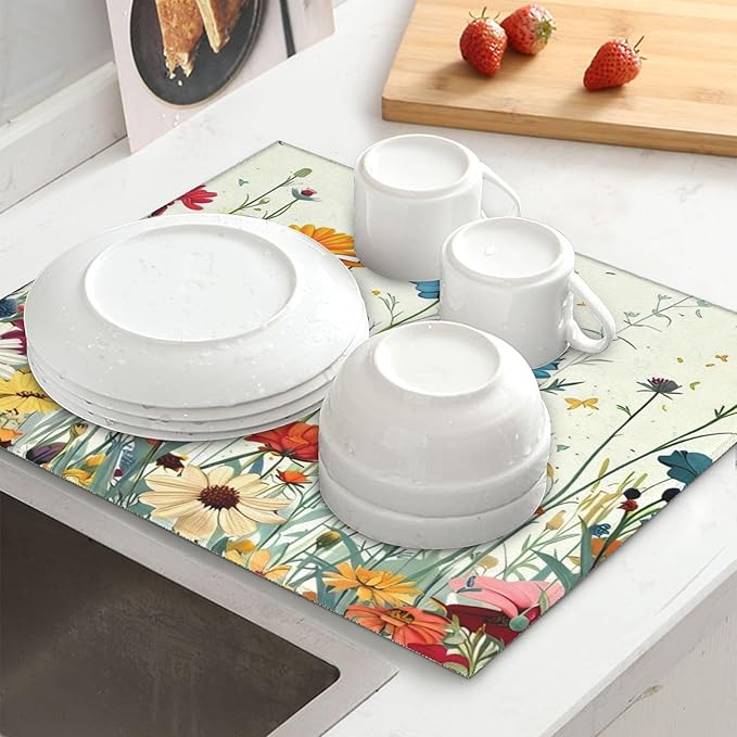 Butterfly Flowers Dish Drying Mat 16x18 Inch, Microfiber Absorbent Fast Dry Mat Daisy Floral Large Dish Mat Drying Kitchen Mat, Kitchen Drying Pad for Kitchen Counter Coffee Bar Decor Gifts