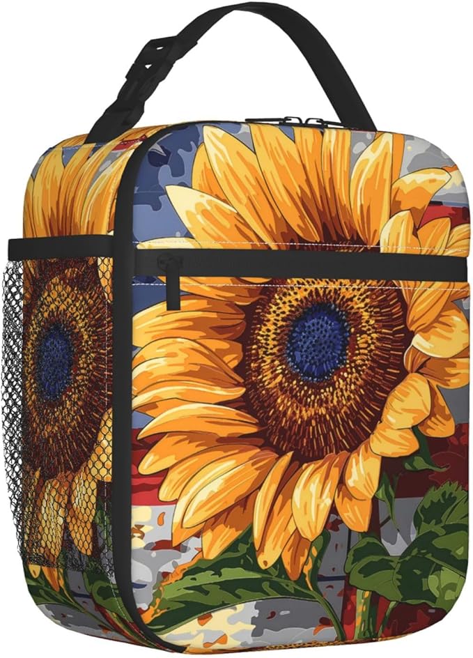 Sunflower Lunch Box for Kids Aldults, Patriotic Floral Reusable Thermal Insulation Cooler Tote Bags, American Flag Rustic Bloom Insulated Bag for Student, School Picnic Camping Travel, Gifts