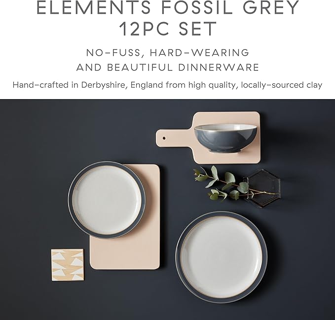Denby - Elements Fossil Grey Dinner Set For 4-12 Piece Simple Ceramic Stoneware Tableware Set - Dishwasher Microwave Oven Safe - Scratch Chip Resistant