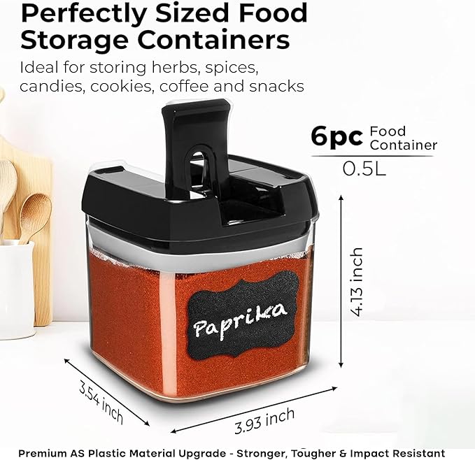 Shazo 6 PC Airtight Food Storage Containers - BPA Free Clear Plastic Snack & Spice Containers with Easy Lock Lids - Kitchen and Pantry Organization for Herbs, Coffee, Tea - 0.5L / 2.1 Cups