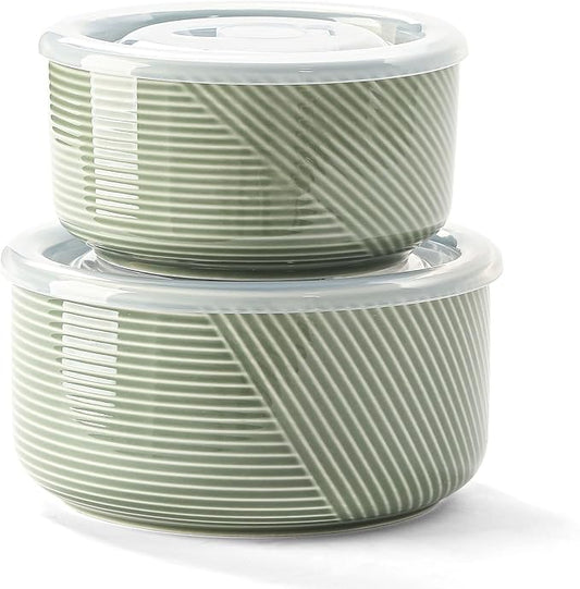 Ceramic Nesting Bowls with Lid: Microwave Safe Food Storage Containers for Work Lunch Picnic Camping Meal Prep Soup Salad Cereal Leftovers - 5 & 6 Inch, 20 & 32 oz, Set of 2, Green