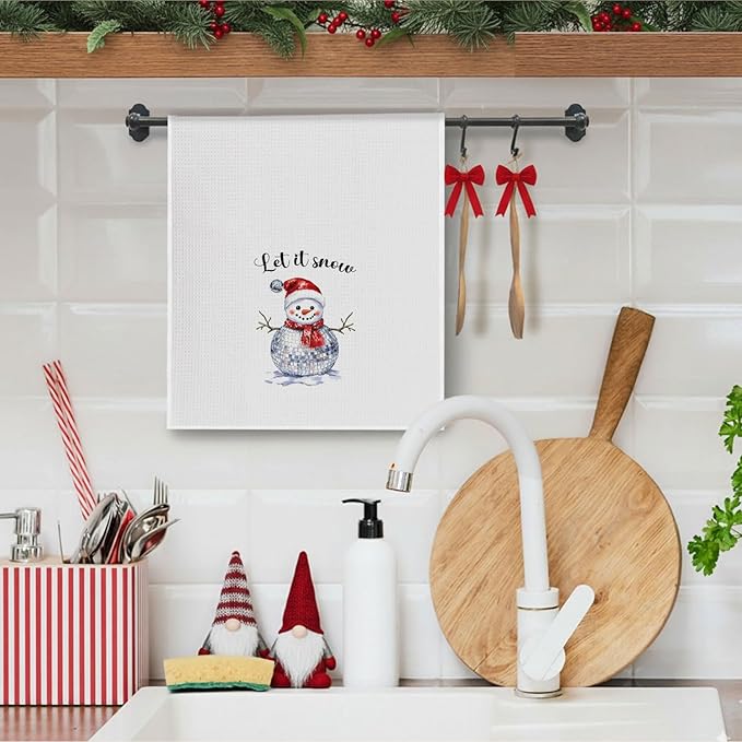 Christmas Disco Ball Snowman Kitchen Towels, Winter Christmas Dish Towels Drying Cloth for Kitchen, Let It Snow Holiday Xmas Snowman Decorative Hand Towel for Bathroom, 16x24 Inch