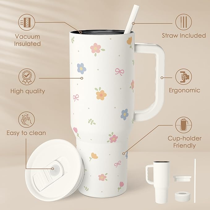 Floral 40oz Slider Tumbler with Handle and Straw - Insulated Stainless Steel Travel Coffee Mug for Women Girls, Gift for Birthday Christmas