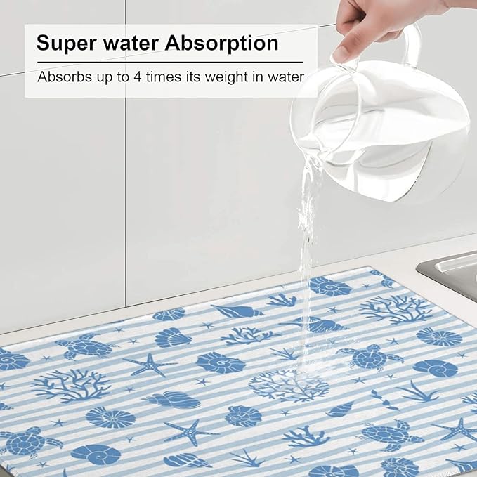 Beach Coastal Kitchen Dish Drying Mat for Counter, Ocean Sea Dish Draining Mat Microfiber Absorbent Reusable Washable Extra Large 18"x24" (beach, 18"x24")