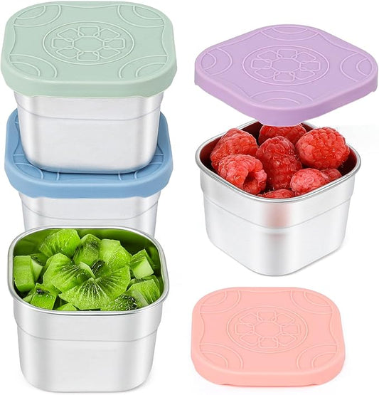 Caperci 4-Pack Stainless Steel Snack Containers with Silicone Lids - 4.7oz Reusable Small Food Containers for Snacks Condiments, Salad Dressing Container, Leak-Proof, BPA-Free