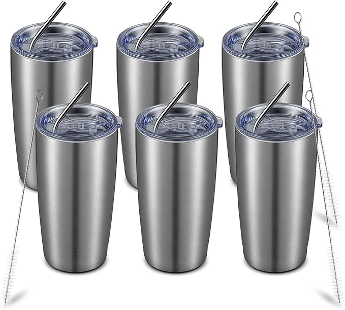 COMOOO 20oz Stainless Steel Tumbler Bulk Double Wall Vacuum Coffee Cup Insulated Travel Mug with Lid and Straw Durable Powder Coated Insulated Coffee Cup for Cold & Hot Drinks (silver, 6 pack