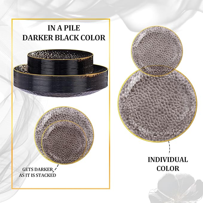 SUT 36Pcs Black Plastic Plates, Hammered Plates Disposable Heavy Duty, Black Disposable Plates With Gold Rim, Fancy Plastic plates Include 18 Dinner and 18 Dessert plates for Wedding