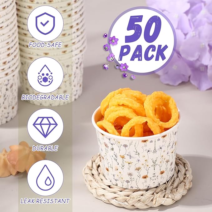 50 Pack Wildflower Treat Snack Cups Floral Paper Ice Cream Cups 9 oz Summer Flowers Disposable Dessert Bowls Paper Soup Bowls for Hot or Cold Food Wedding Baby Shower Birthday Party Supplies