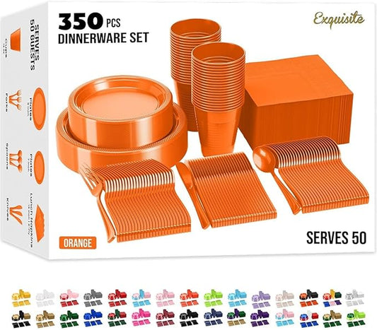Party Solids 350 Pieces Orange Plastic Plates For Party, Orange Disposable Plates Set, 50 Of Each 9" Dinner Plate Set, 7" Dessert Plate, Cups, Napkins & Cutlery Plastic Dinnerware
