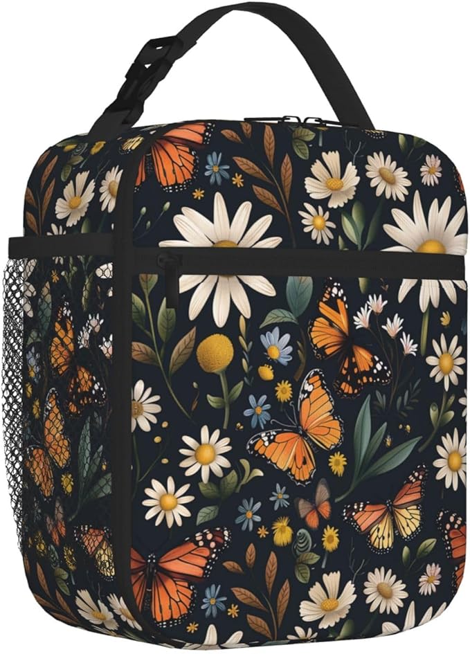 SUPLUCHOM Lunch Bag Daisy Butterfly Vintage Insulated Box Reusable with Side Pocket for Girl Boy Women Men Work School Picnic Hiking Daytrip Over 3 Years Old