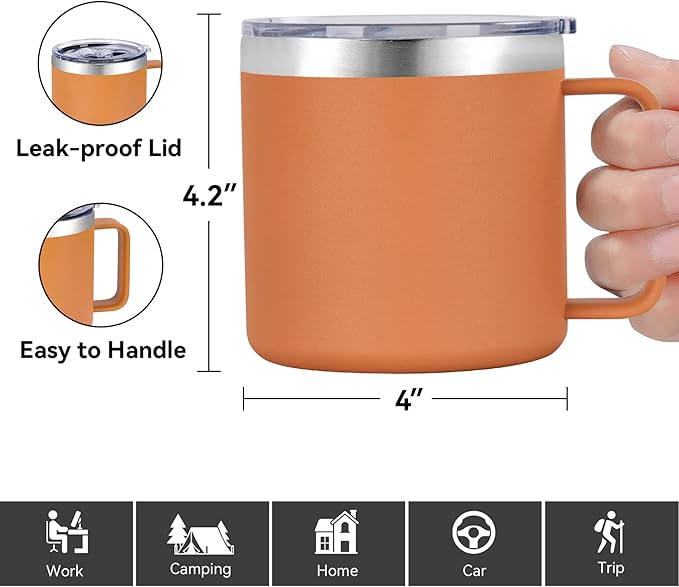 VEGOND 14 oz Insulated Coffee Mug Bulk with Handle, Stainless Steel Travel Coffee Mug with Lid, Double Wall Vacuum Metal Coffee Cup, Coffee Tumbler Powder Coated, Orange 8 Pack