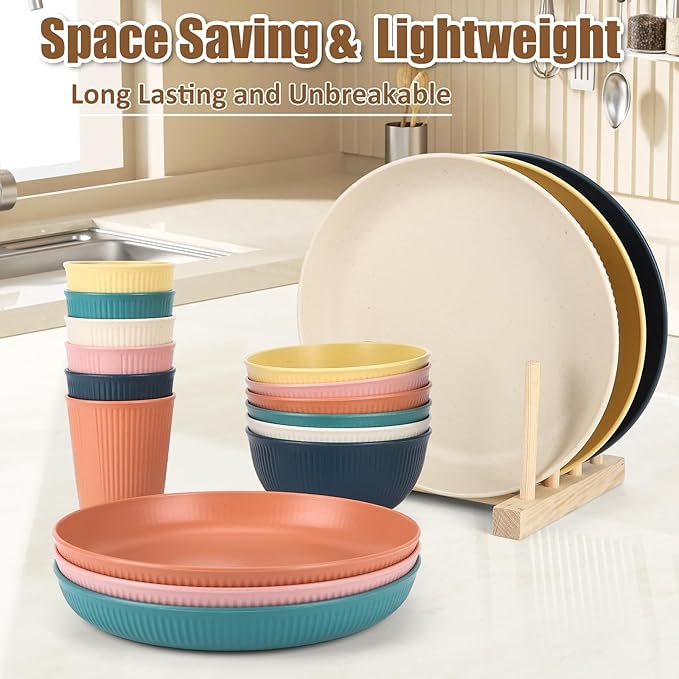 18PCS Wheat Straw Dinnerware Sets Unbreakable Reusable Dinnerware Set for 6, Microwave Dishwasher Safe Dinnerware for Outdoor Camping Dishes