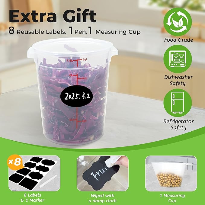 4 Pack Round Food Storage Containers with Lids, 8Qt Translucent, Polypropylene, BPA Free, Includes Labels & Measuring Cups