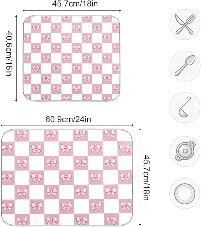 Pink White Bow Checkered Dish Drying Mat for Kitchen Counter Absorbent Dish Drainer Mats Drying Pads 16"x18"