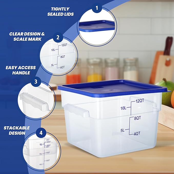 4 Pack 12 Quart Food Storage Containers with Lids, Polycarbonate Square Commercial Food Containers, NSF, Clear, New Version