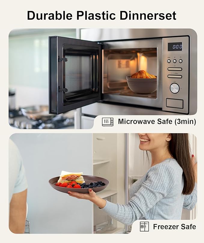 Quatish 24 Piece Plates and Bowls Sets for 6, Unbreakable Dinnerware Sets, Plastic Dish Set for Camping, Dishwasher Microwave Safe, Outdoor Kitchen and Apartment Dinning RV Essentials, Brown