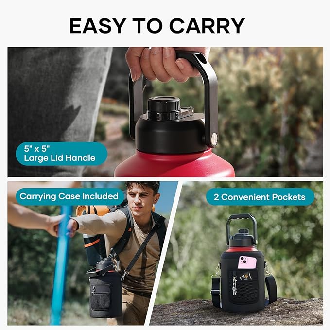 BUZIO One Gallon Water Bottle Insulated, (Cold for 48 Hrs) 128oz Water Jug Large Stainless Steel, 3.58in Big Wide Mouth Leak Proof Metal Flask with Carrying Sleeve for Camping,Gym,Travel, Black Red