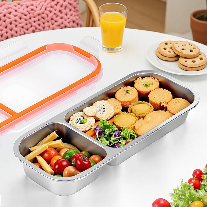 3 Pack Stainless Steel Snack Containers - Reusable 2 Compartment Snackle Box Container with Lids for Kids Adults, Divided Snack Food Storage Containers for School, Home, Travel