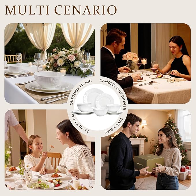 KINGSTONE Bone China Dinnerware Set, 24-Piece White Lightweight Porcelain with Textured Design Service for 8, Plates, Bowls, for Family Dining, Restaurants, Gifting，Microwave and Dishwasher Safe