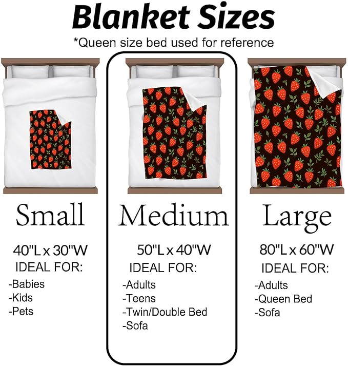 Strawberry Blanket Sweet Red Fruit and Leaf on Black Background Throw Blankets Lightweight Flannel Throws for Camping Couch Chair Office Bed Home Decor Gifts for Adults,60x50inch