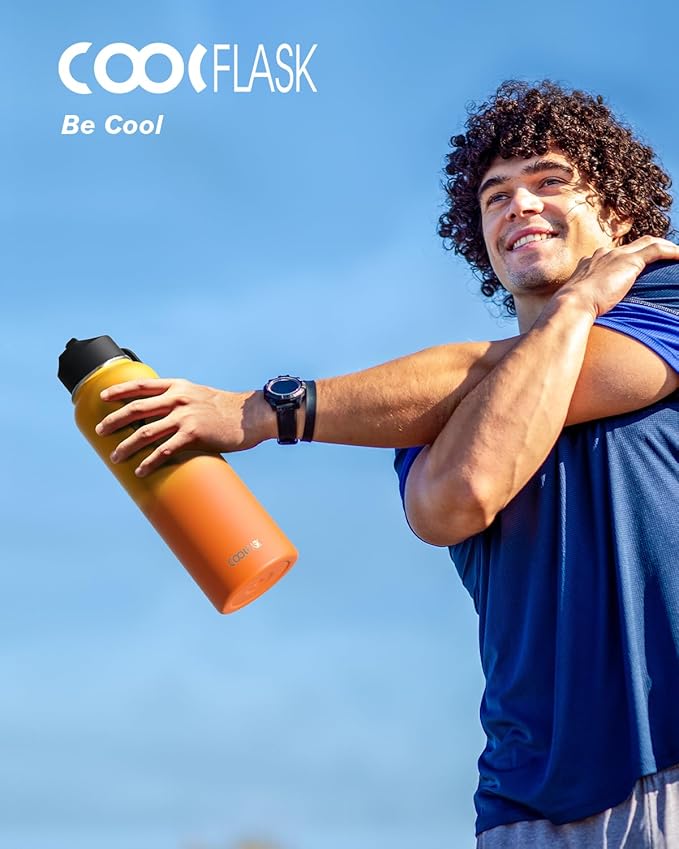 Water Bottle 40 oz Insulated with Straw&Brush, Coolflask Vaccum Stainless Steel Metal 3 Lids Water Flask for Sports, Gym or Office, Keep Cold 48H Hot 24H, Ombre Yellow/Orange