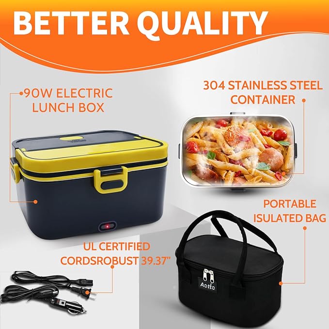 Aotto Electric Lunch Box 2L, 90W Fast Heating (12V/24V/110V) Heated Portable Food Warmer for Car/Truck/Office – Stainless Steel Container, Insulated Carry Bag – Ideal for Adults, Men, Women, Blue