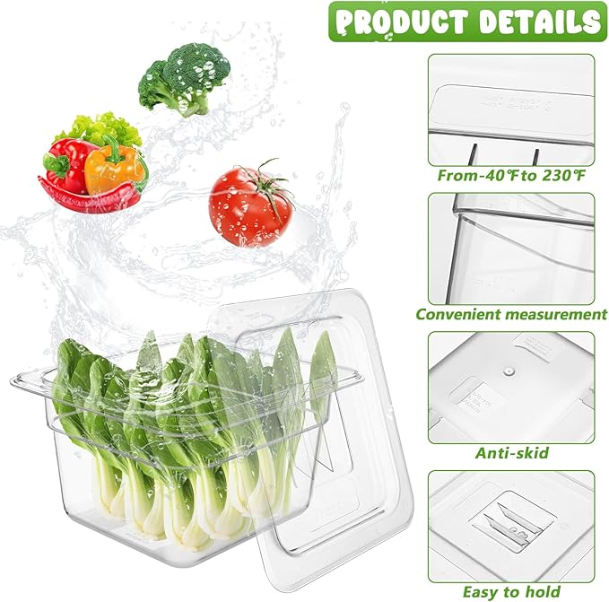 8 Set 1/6 Size Clear Polycarbonate Food Pans with Lids 4 Inch Deep Food Storage Containers Restaurant Hotel Pan with Lid Plastic Commercial Stackable Containers for Snack Fruits Vegetables Beans Corns